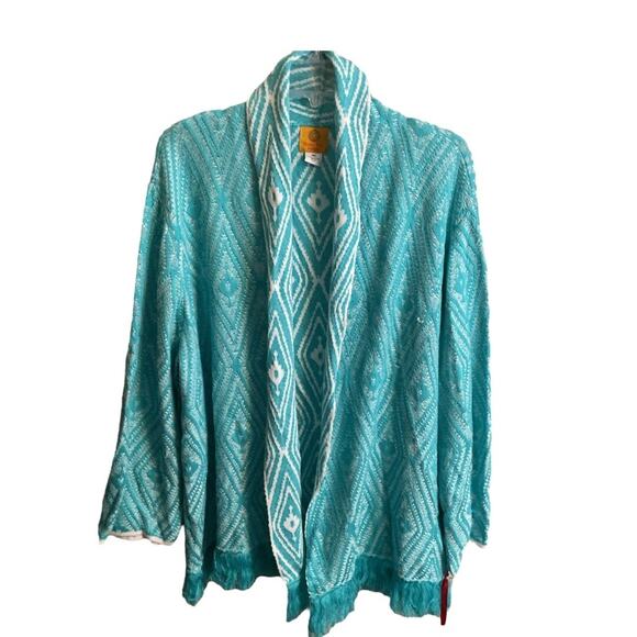 Ruby Rd Cardigan Women's SZ 3X Open Turquoise &White Fringe Hem Long Sleeve - Picture 10 of 10